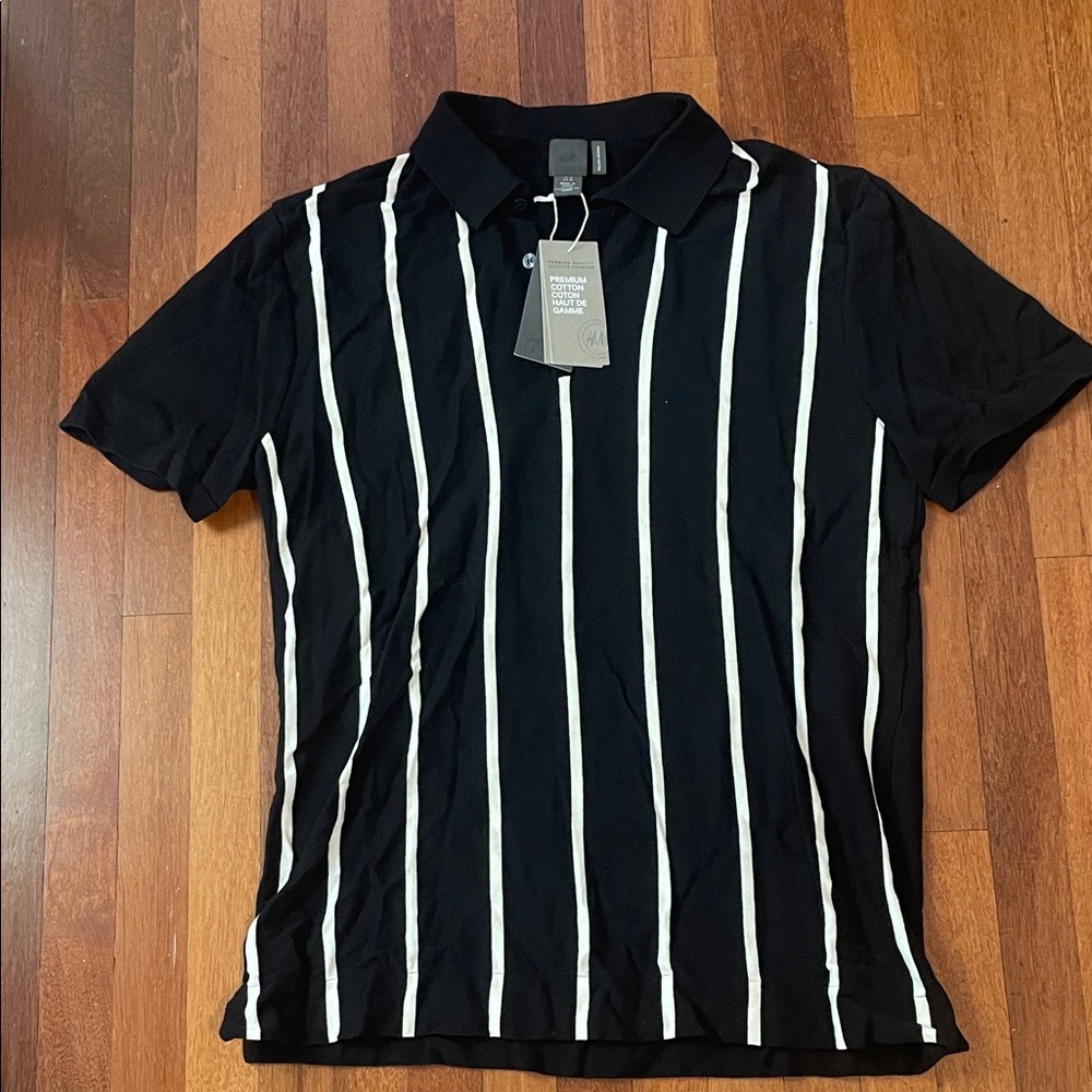 H&M Black and White Striped Polo Shirt